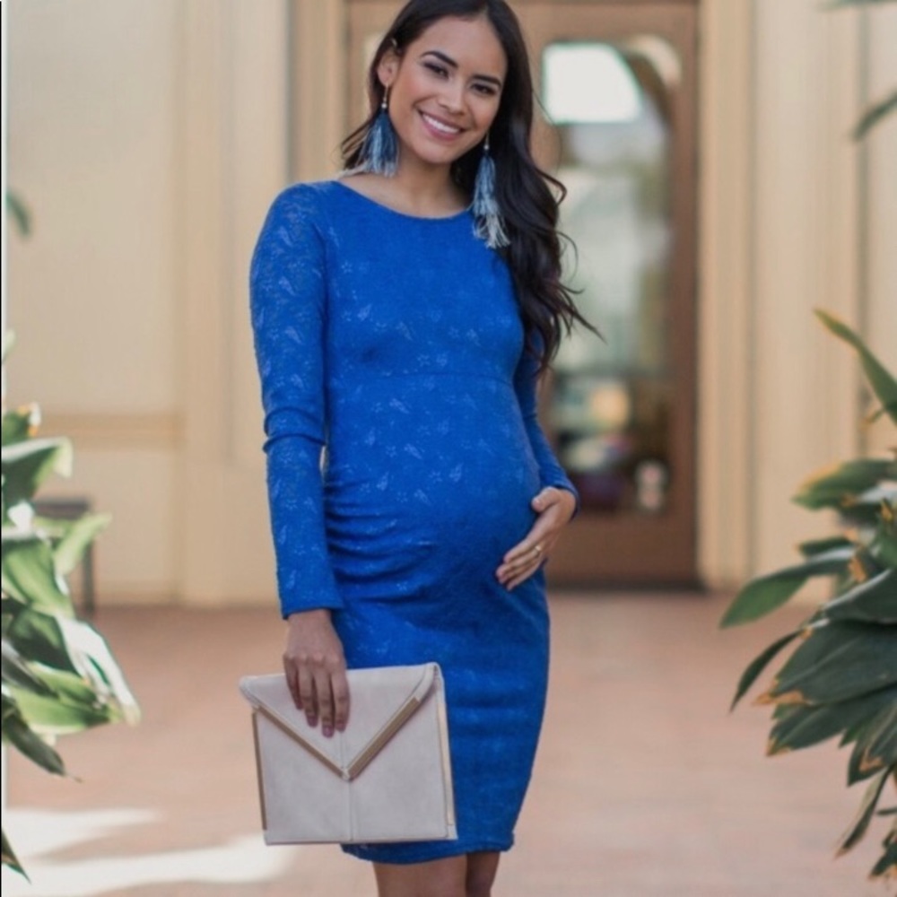 Long Sleeve Blue Lace Maternity Dress